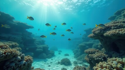 Fototapeta premium Underwater scene of coral reef with school of fish swimming above and sunlight filtering through 