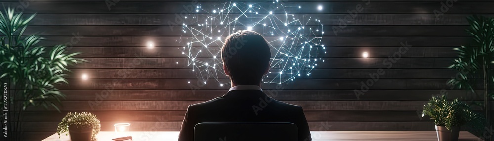 Poster innovative ai-enhanced workspace experience modern office digital tech environment side view future 