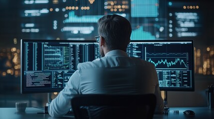 Software engineer analyzing code and graphs related to blockchain technology on computer screens in a dark office at night