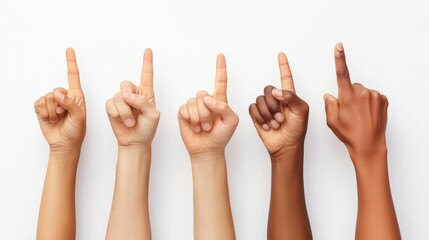 Five hands of different skin colors pointing their index fingers upwards against a white background