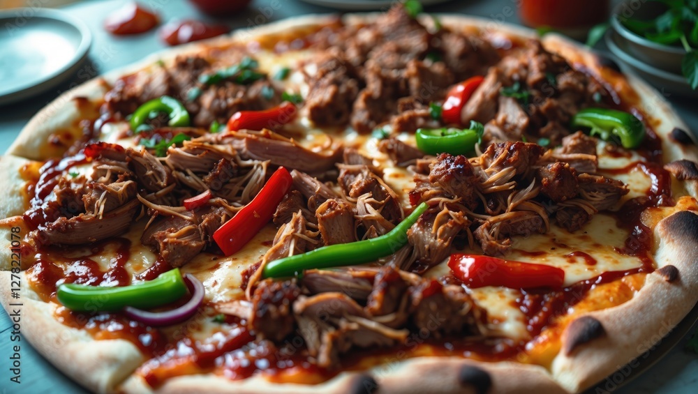 Aufkleber barbecue pulled pork pizza topped with cheese and peppers on a rustic table with space for text and 