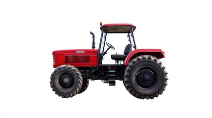 Obraz premium Farming action with red tractor agricultural field vehicle image outdoor setting side view farming efficiency