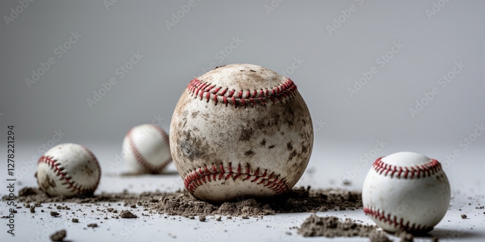 Poster Used and Dirty Baseballs on a White Background with Space for Text and Dusty Texture Highlighting the Game's Authenticity