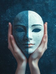 Expressive hands holding a dual tone mask against a dark textured background creating a mysterious and artistic mood with a conceptual and symbolic style