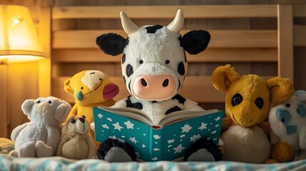 Stuffed cow reading a bedtime story to a group of plush toys