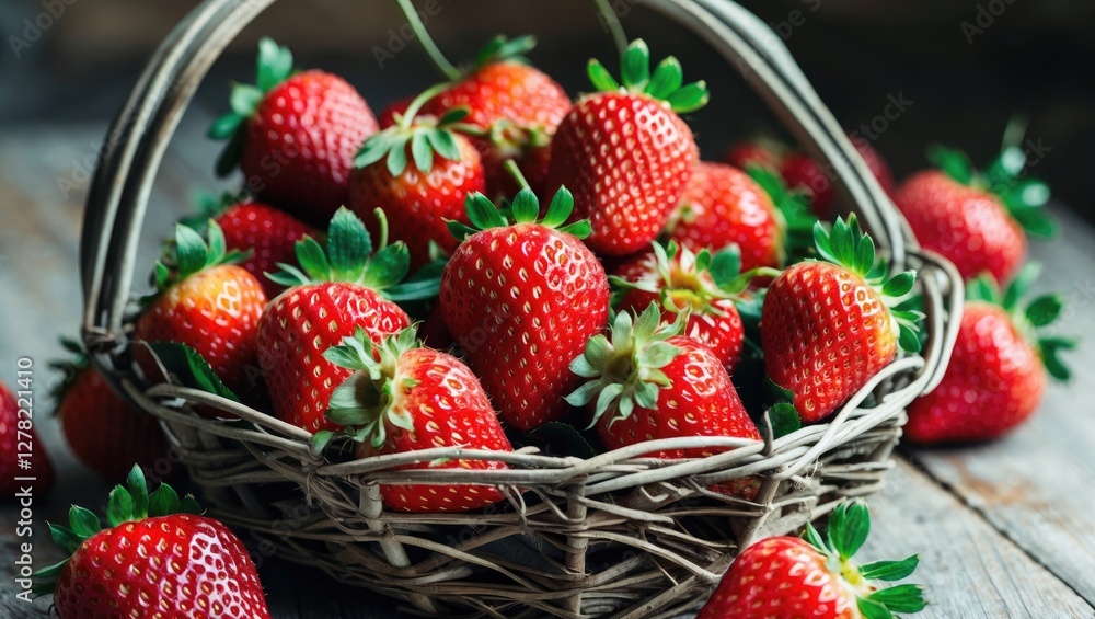 Poster basket of fresh red strawberries with empty space for text on rustic wooden background