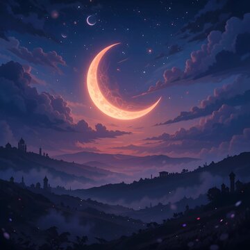 Beautiful crescent moon with on anime style. Can use for Ramadan, eid ul fiter animation loop background and many more