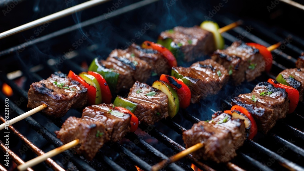 Poster grilled beef kebabs with colorful peppers on skewers over charred grill with smoke and space for tex