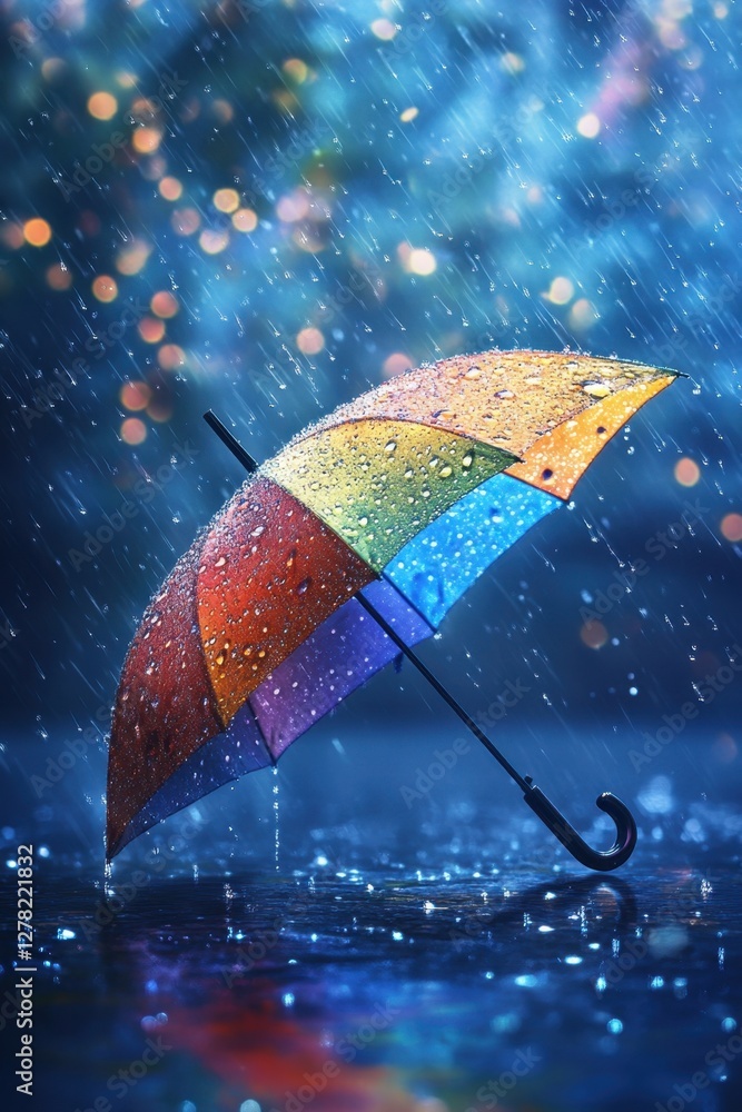 Aufkleber vibrant umbrella in a rainy scene with bokeh lights creating a serene and colorful atmosphere on a r