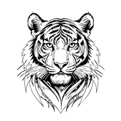 Tiger Head Line Art – Hand Drawn Black and White Wild Animal Illustration for Tattoo, Logo Design, or Wildlife Poster

