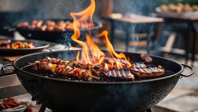Grilling BBQ with vibrant flames and sizzling meats showcasing a lively cooking atmosphere ideal for summer gatherings and events.