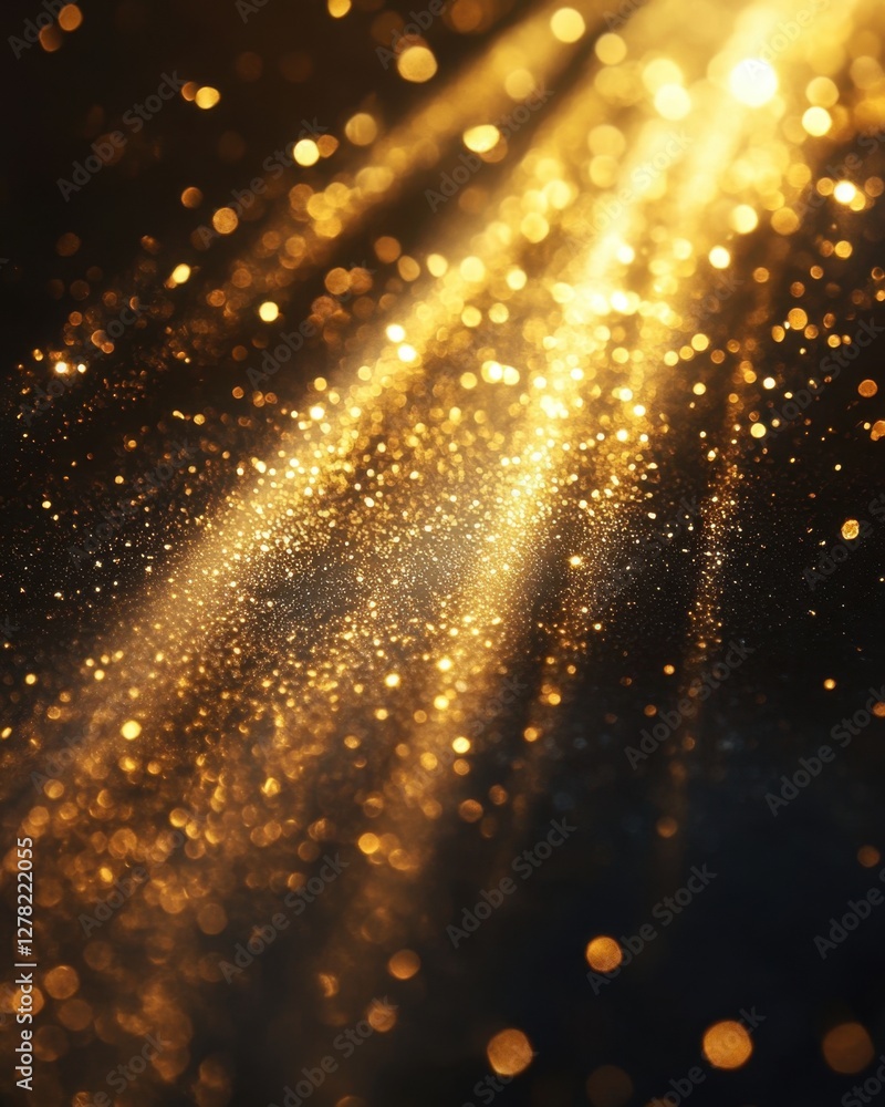 Poster golden light streams through a dark space illuminating glitter and bokeh creating a magical and fest