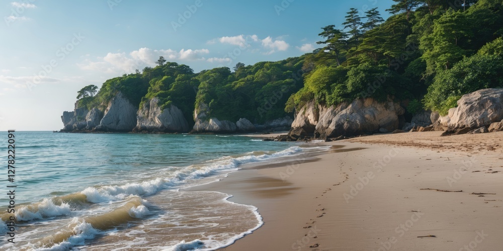 Poster serene beach landscape with gentle waves and lush greenery ideal for tranquil relaxation and empty s