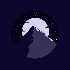 Beautiful and minimalist mountain and moon design with starry sky, landscape design in circle