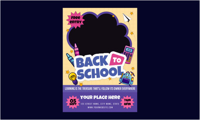 Back to school Flyer. School admission flyer template. Kids back to school education poster, brochure cover layout, concept in bright colors. Vector Illustration 