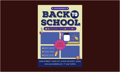 Back to school Flyer. School admission flyer template. Kids back to school education poster, brochure cover layout, concept in bright colors. Vector Illustration 