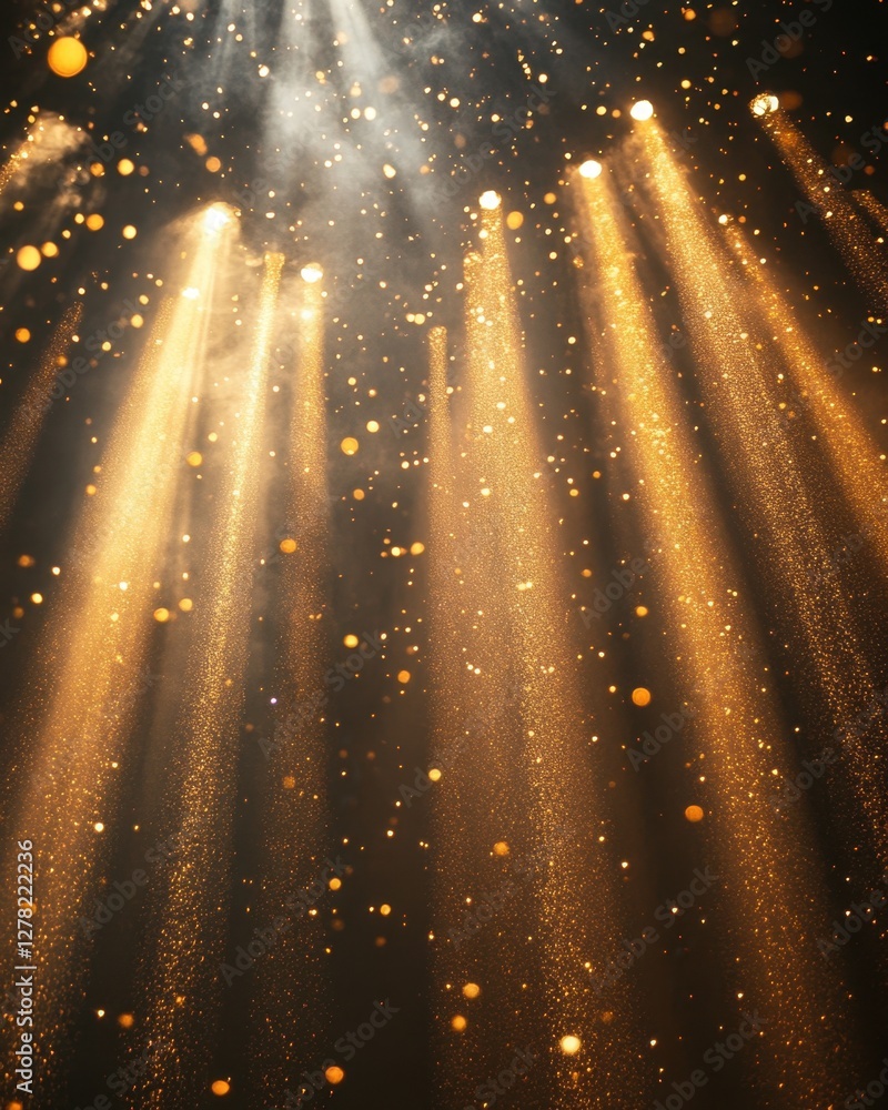 Poster ethereal golden light beams illuminate a dark stage creating a magical atmosphere with sparkling dus