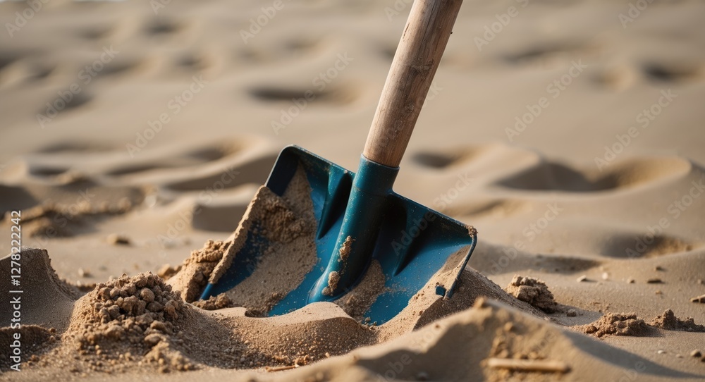 Poster beach shovel embedded in soft sand with undulating patterns in the background