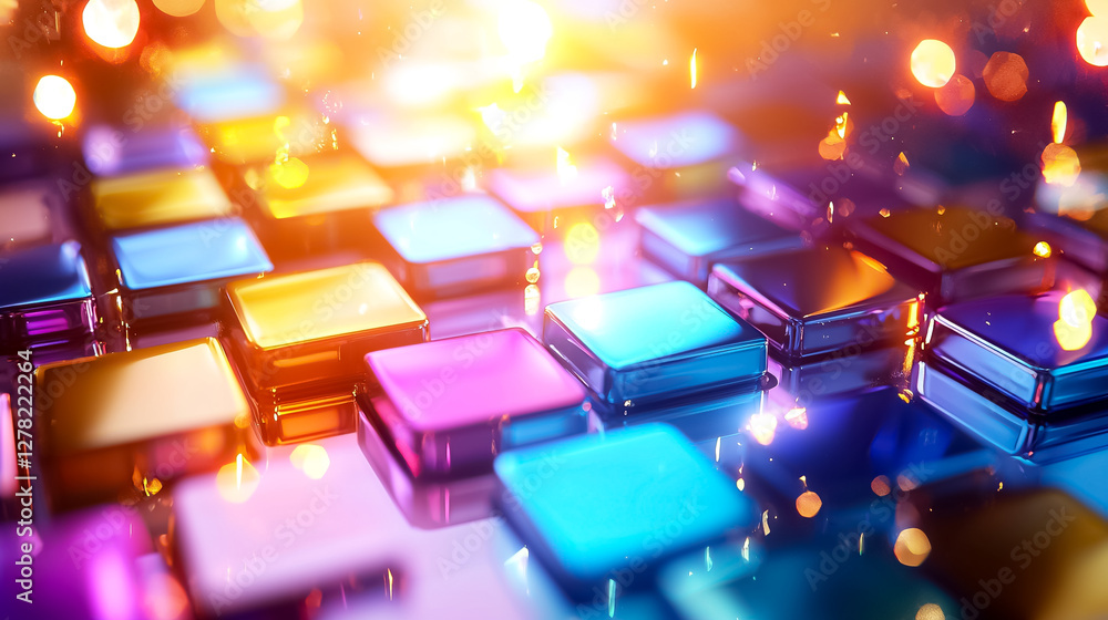 Poster multicolored glossy cubes reflecting light in a dynamic grid pattern