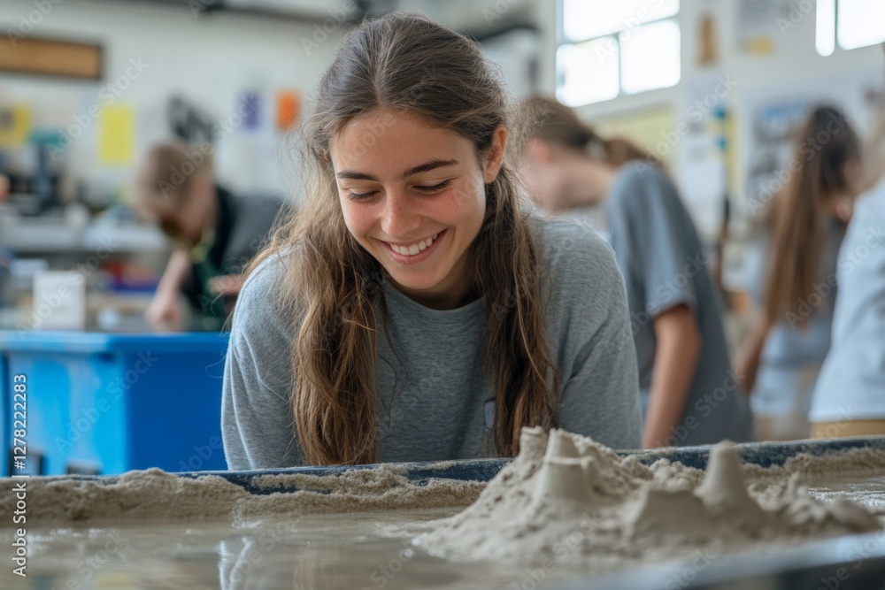 Aufkleber Student engages with sand and water in science class while learning about erosion and landforms