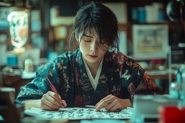 Fototapeta premium Young woman practicing calligraphy in a traditional workshop during the evening