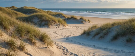 Serene Beach Landscape with Dunes and Tranquil Ocean View Ideal for Text Overlay and Relaxation Themes