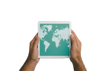 Exploring global geography hands holding tablet transparent background digital map display modern technology viewpoint