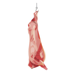 Animal carcass hang on a hook. Butcher shop. Vector illustration isolated on a white background
