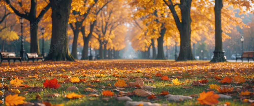 Aufkleber autumn park pathway with colorful leaves and bright yellow trees creating a tranquil scene for text 
