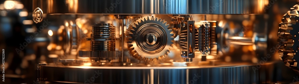 Poster intricate metalwork machinery with interconnected gears cogs and mechanical components showcasing th