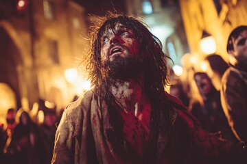Obraz premium Emotional depiction of a historical figure in a nighttime procession during a religious festival