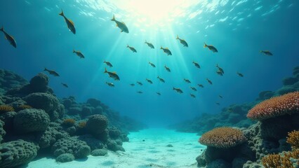 Fototapeta premium Underwater scene of coral reef with school of fish swimming above and sunlight filtering through 