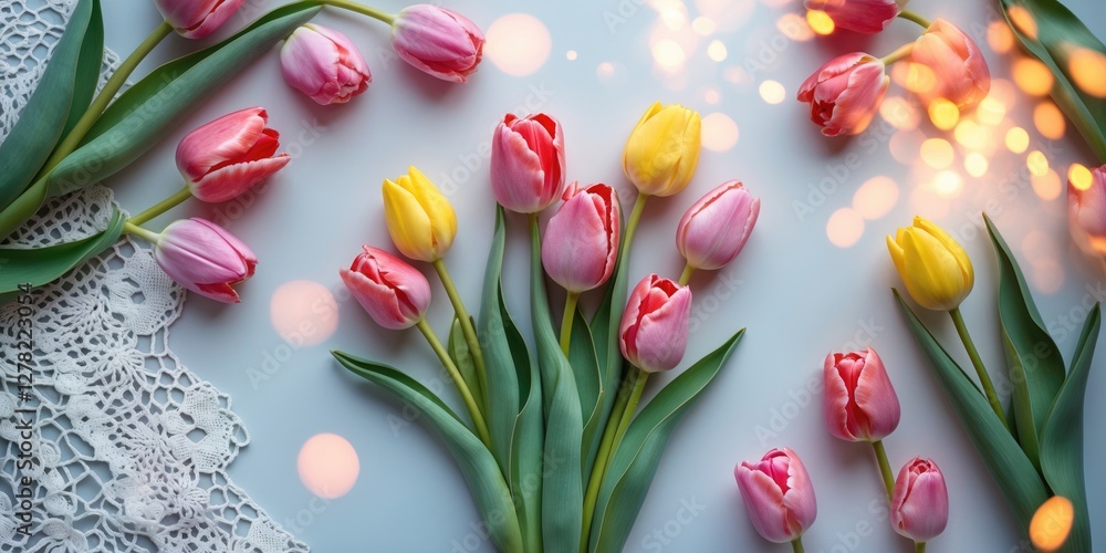 Poster colorful tulips and lace flat lay with soft bokeh and copy space for text on clean background ideal 