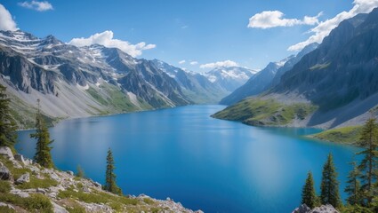 Serene Blue Lake Surrounded by Majestic Mountains Under a Clear Sky in a Scenic Wilderness Landscape