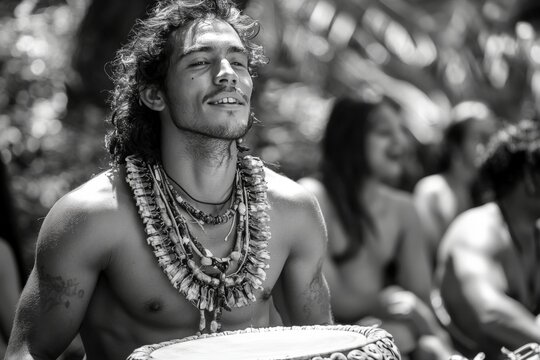 Indigenous musician plays traditional drum in vibrant cultural celebration amidst lush greenery