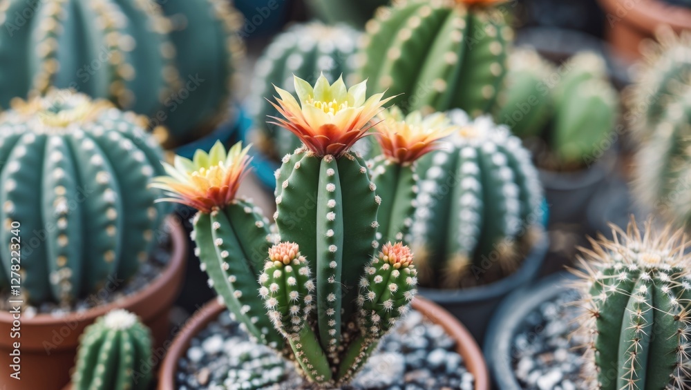 Poster vibrant close up of colorful cacti with blossoms and copious empty space for text in a garden settin