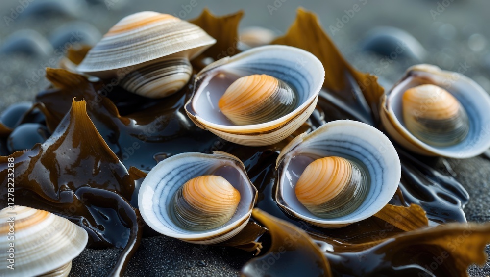 Poster closeup of colorful clams nestled in seaweed on beach with soft focus background and space for text 