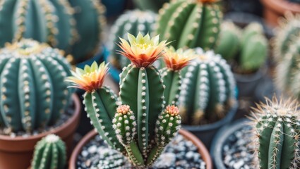 Vibrant Close Up of Colorful Cacti with Blossoms and Copious Empty Space for Text in a Garden Setting