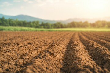 Lush landscape with freshly plowed soil, sunlight illuminating r