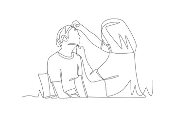 Female doctor examining young woman's eyes. Visiting eye doctors concept one-line drawing