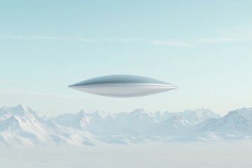 Sleek, futuristic craft hovers silently above snow-covered mount