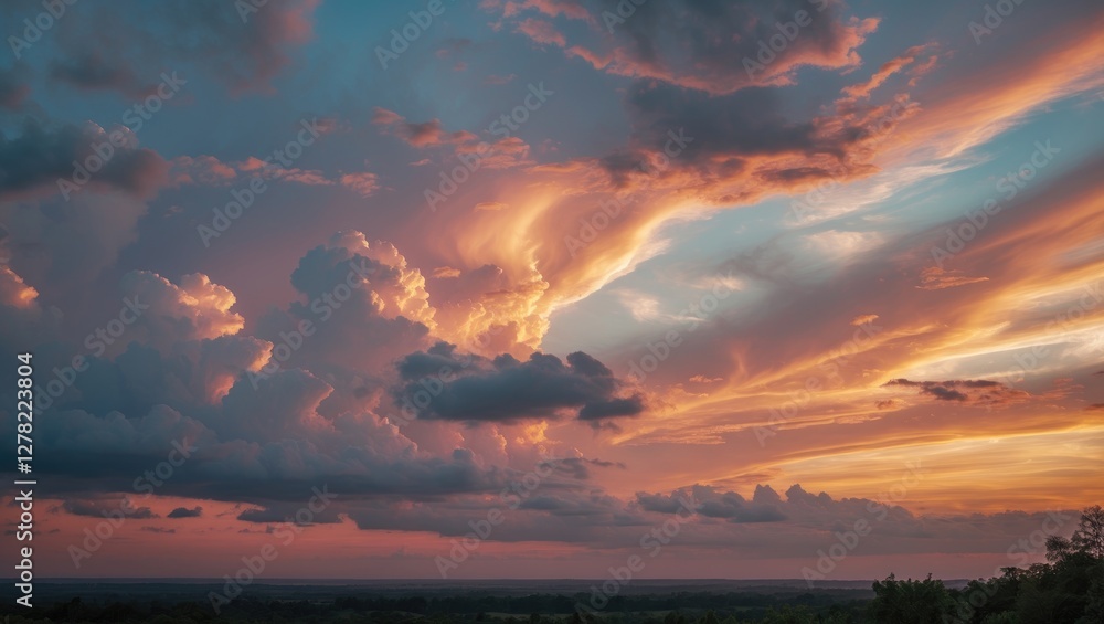 Poster vibrant sunset over dramatic cloudscape with colorful skies and expansive copy space for text and de