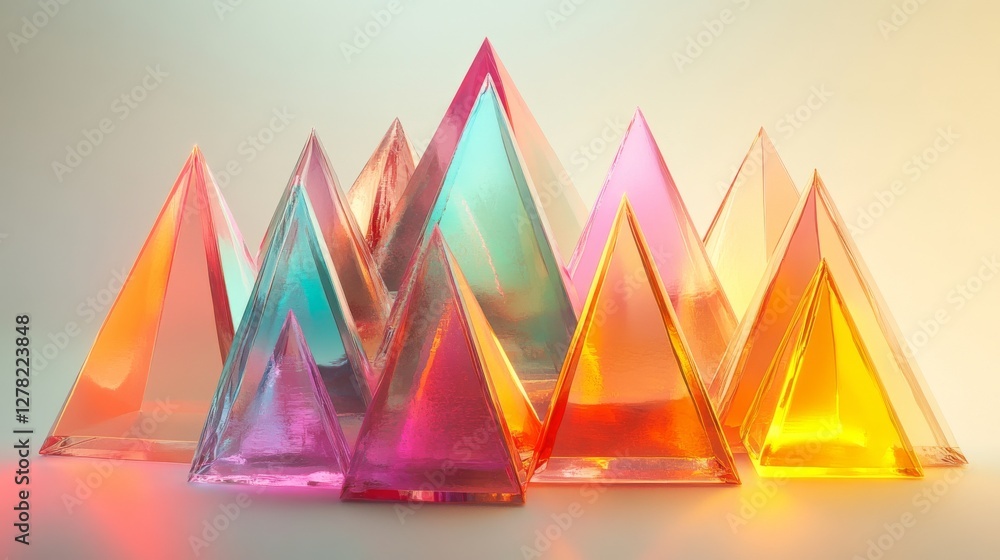 Poster several colorful transparent pyramids are arranged in a cluster