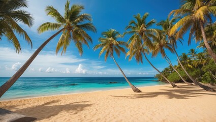 Obraz premium Tropical paradise with golden sand beach palm trees and clear turquoise water under a bright blue sky perfect for vacation and relaxation themes