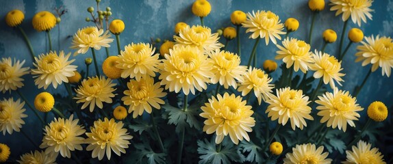 Vibrant Yellow Chrysanthemums Creating a Stunning Floral Arrangement on a Rustic Blue Background