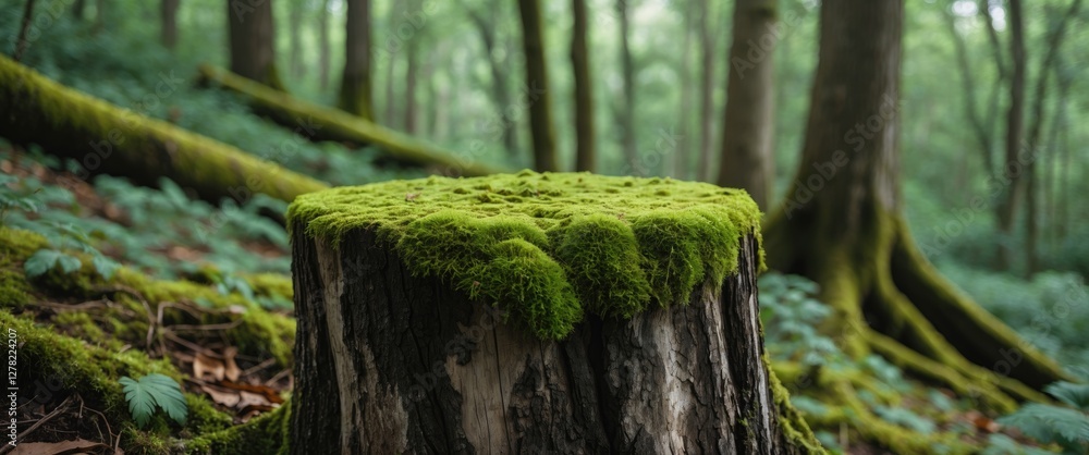 Aufkleber moss covered tree stump in lush green forest with blank space for custom text and nature themes