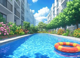 Apartment Complex Pool With Lush Landscaping And Inflatable Ring
