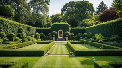 Elegant Garden Design Featuring Symmetrical Hedges and Lush Green Lawn Ideal for Outdoor Events and Gatherings in a Serene Environment.