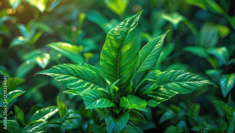 Poster lush green leaf isolated on soft background ideal for adding text or nature-themed designs