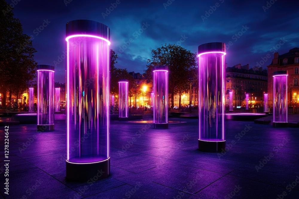 Poster a vibrant urban scene featuring illuminated purple columns against a twilight sky, creating a striki